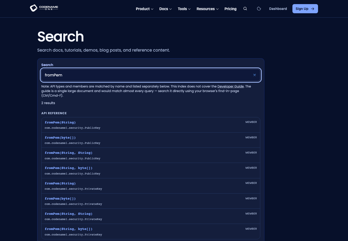 Website search finds PublicKey and PrivateKey fromPem members